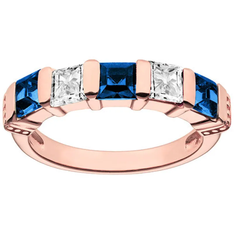 14K Rose Gold Plated Simulated Sapphire and Clear Crystal 5 Stone Ring sold by Limoges Jewelry