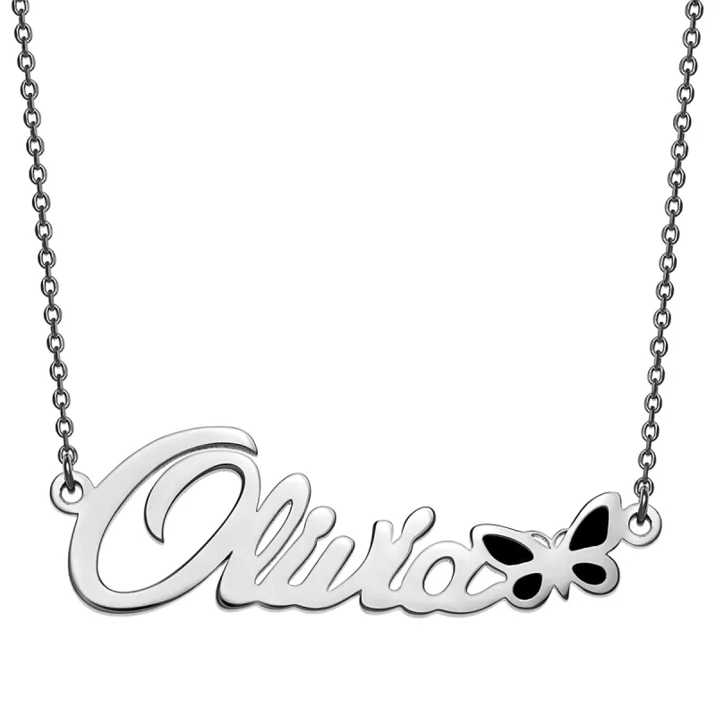 Sterling Silver Name with Purple Enamel Butterfly Necklace sold by Limoges Jewelry