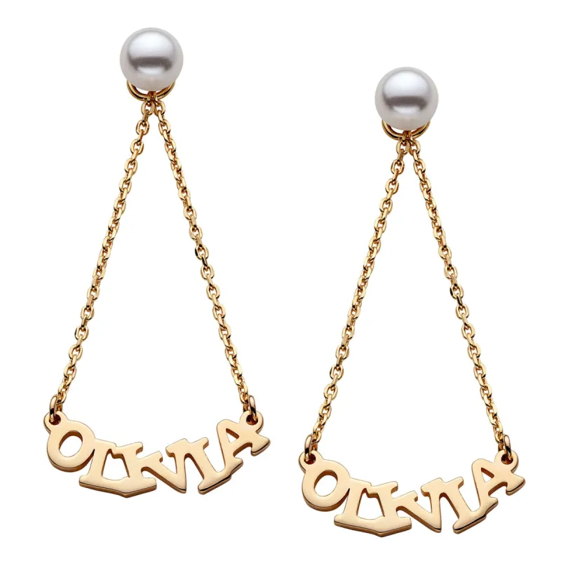 14K Gold over Sterling  Name with Pearl Dangle Earrings sold by Limoges Jewelry