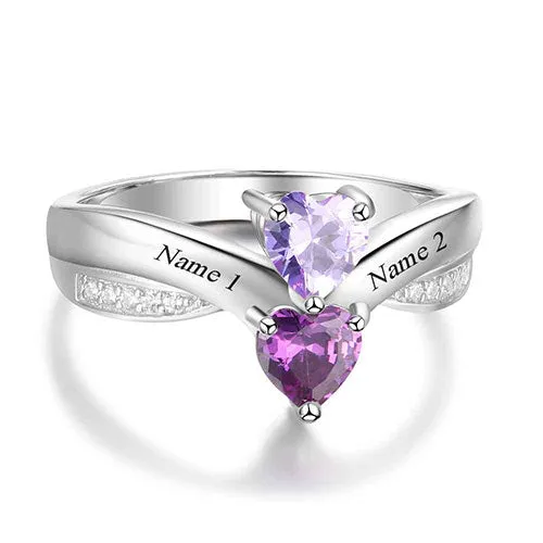 Sterling Silver Engraved Double Birthstone Heart with CZ Accent Ring sold by Limoges Jewelry