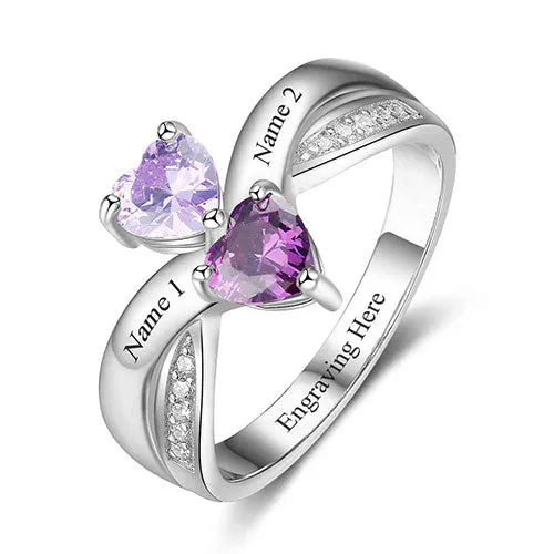 Sterling Silver Engraved Double Birthstone Heart with CZ Accent Ring sold by Limoges Jewelry product image thumbnail 2