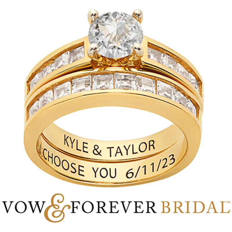 14K Gold over Sterling Brilliant White Topaz 2 Piece Engraved Wedding Set sold by Limoges Jewelry