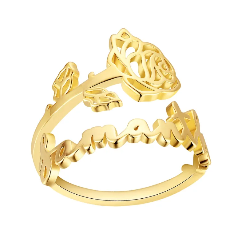 Gold Plated Script Name and Birthmonth Flower Bypass Ring sold by Limoges Jewelry
