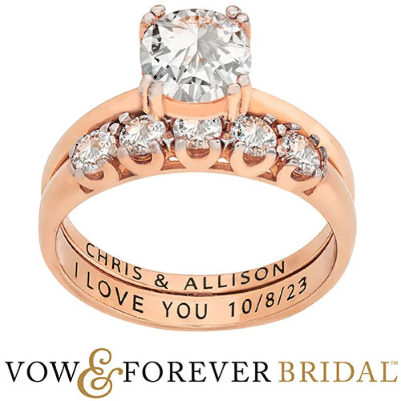 14K Rose Gold over Sterling  Round White Topaz 2-Piece Engraved Wedding Ring Set sold by Limoges Jewelry