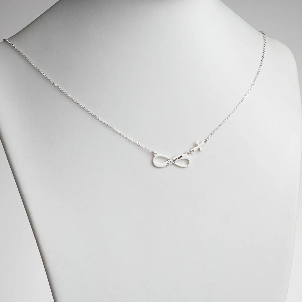 Sterling Silver Engraved Name Infinity with Cross Necklace sold by Limoges Jewelry product image thumbnail 2
