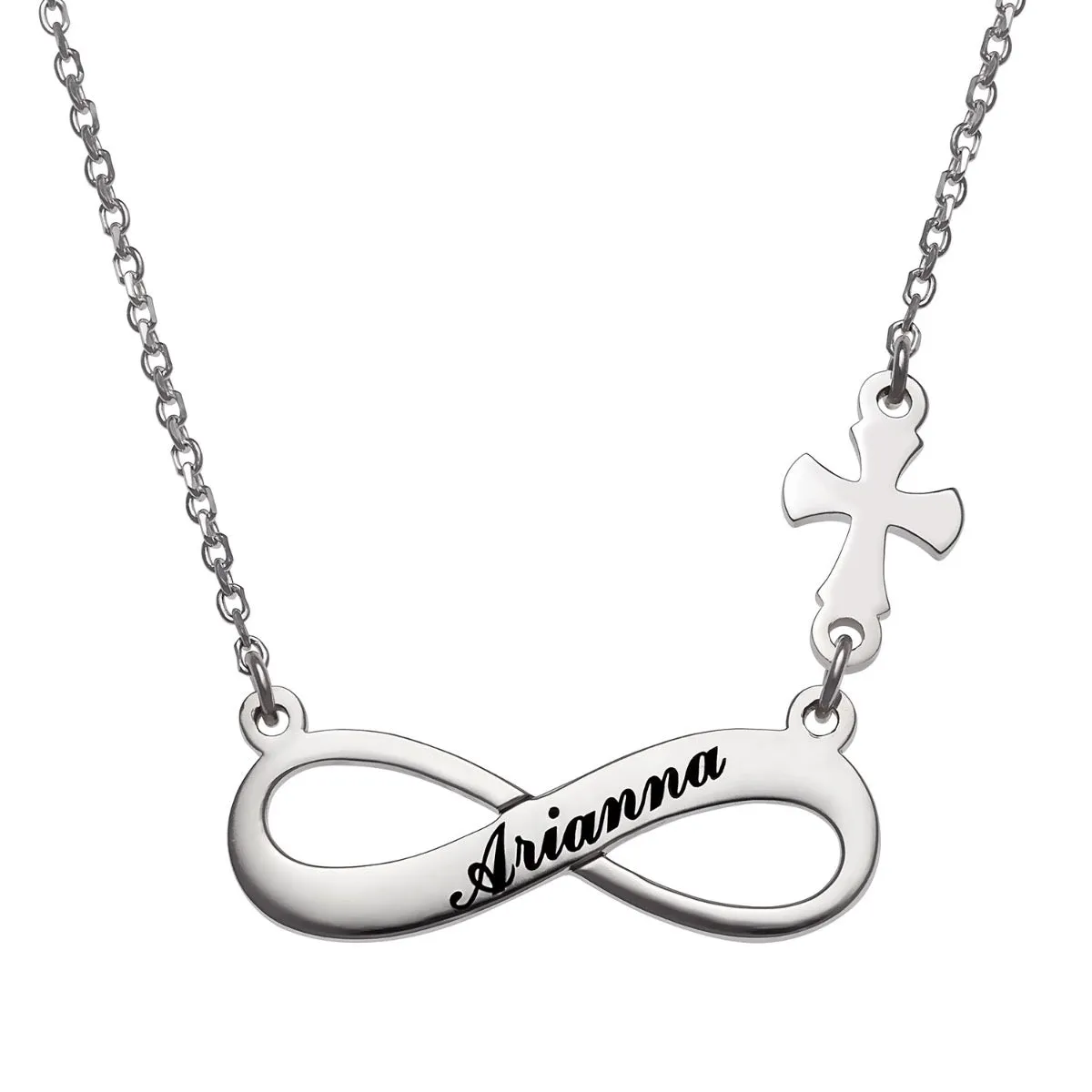 Sterling Silver Engraved Name Infinity with Cross Necklace sold by Limoges Jewelry