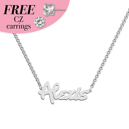 Sterling Silver Bold Script Name with Free CZ Earrings sold by Limoges Jewelry