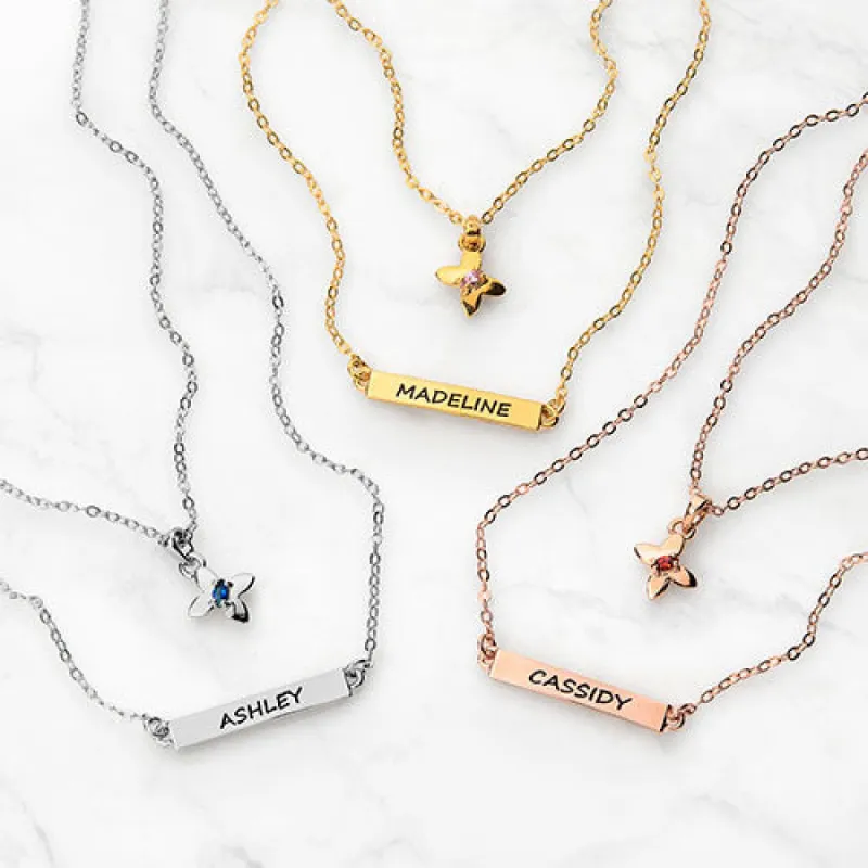 Personalized Birthstone Butterfly and Engraved Bar Layered Necklace sold by Limoges Jewelry