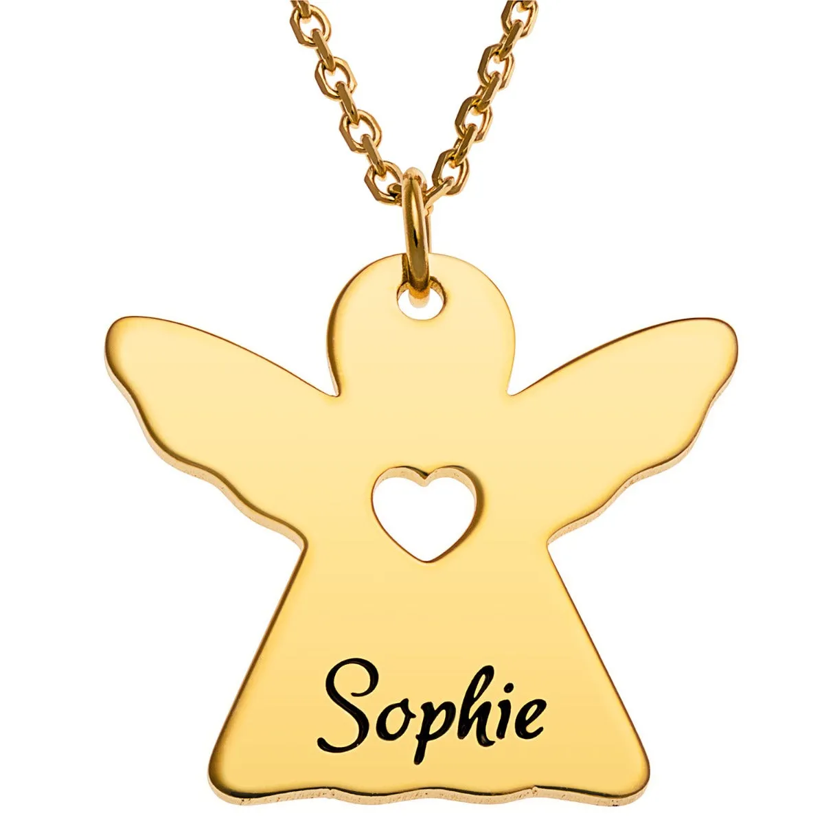 14K Gold Plated Engraved Name Angel with Cutout Heart Necklace sold by Limoges Jewelry