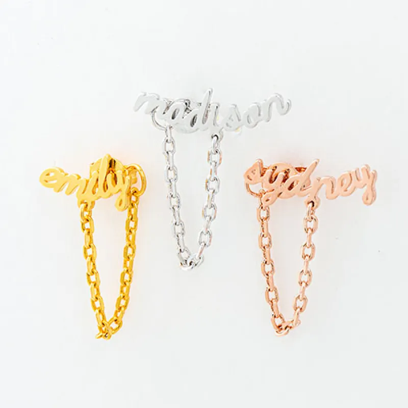 Sterling Silver Lowercase Script Name Crawler Button with Chain Loop Earring sold by Limoges Jewelry