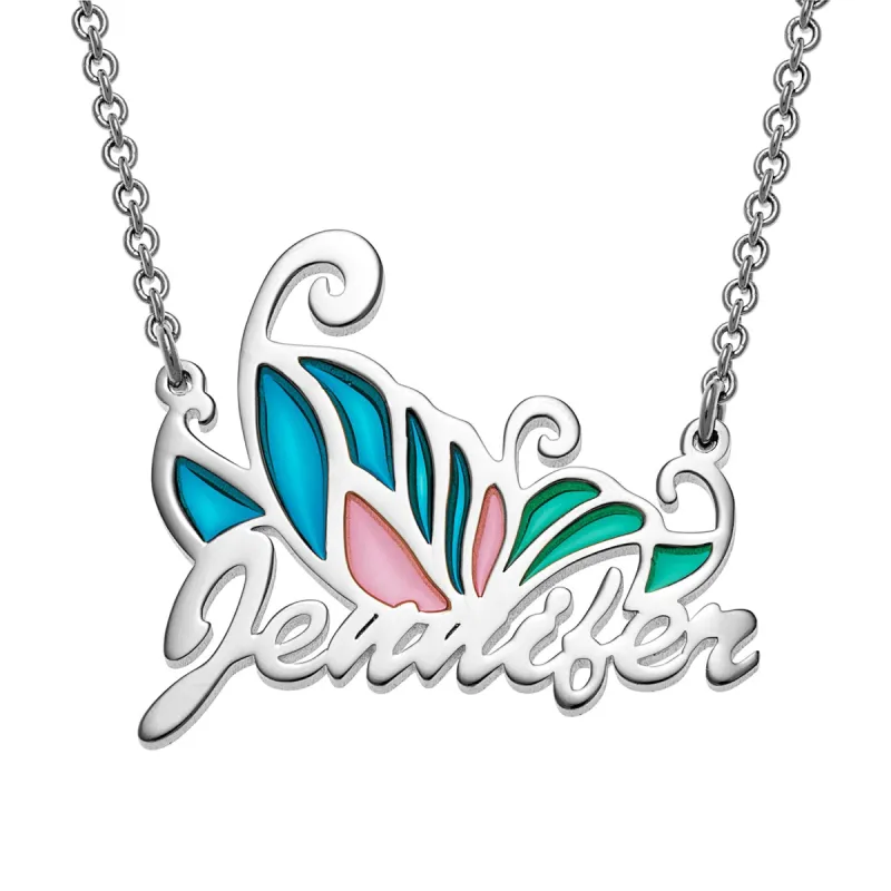 Petite Script Name Necklace with Pink and Blue Enamel Butterfly sold by Limoges Jewelry