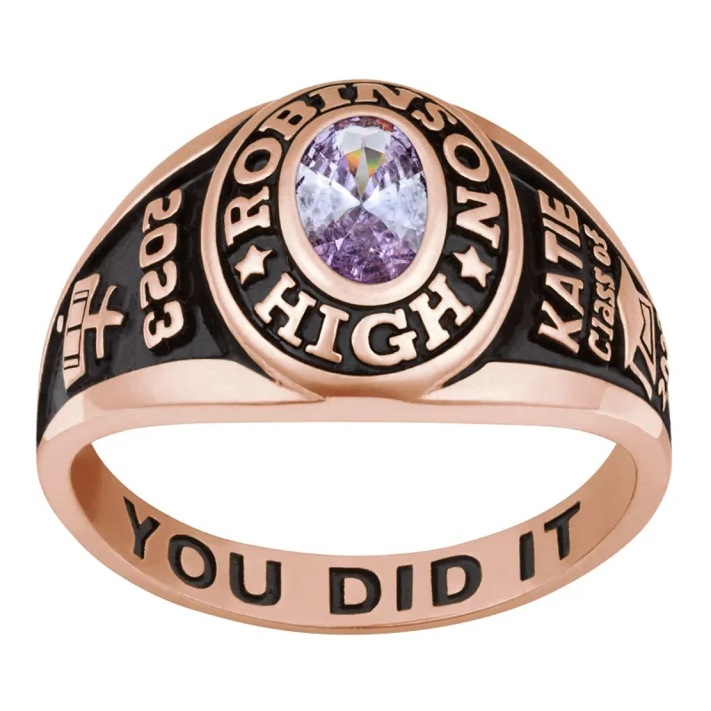 Ladies Rose Gold CELEBRIUM Traditional Petite Oval Birthstone Class Ring sold by Limoges Jewelry