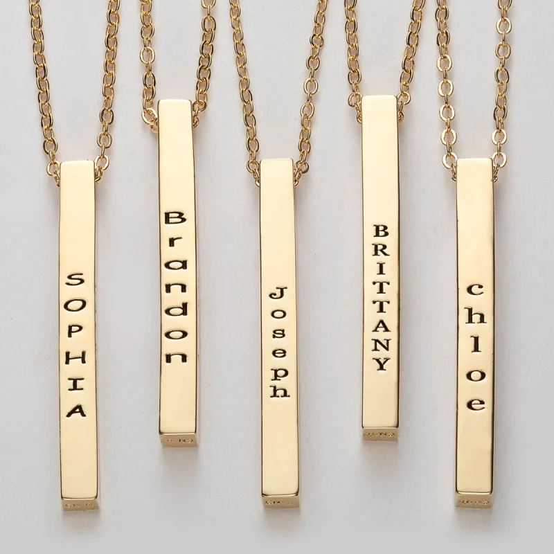 14K Gold Plated Vertical 4-Sided Engraved Family Name Necklace sold by Limoges Jewelry