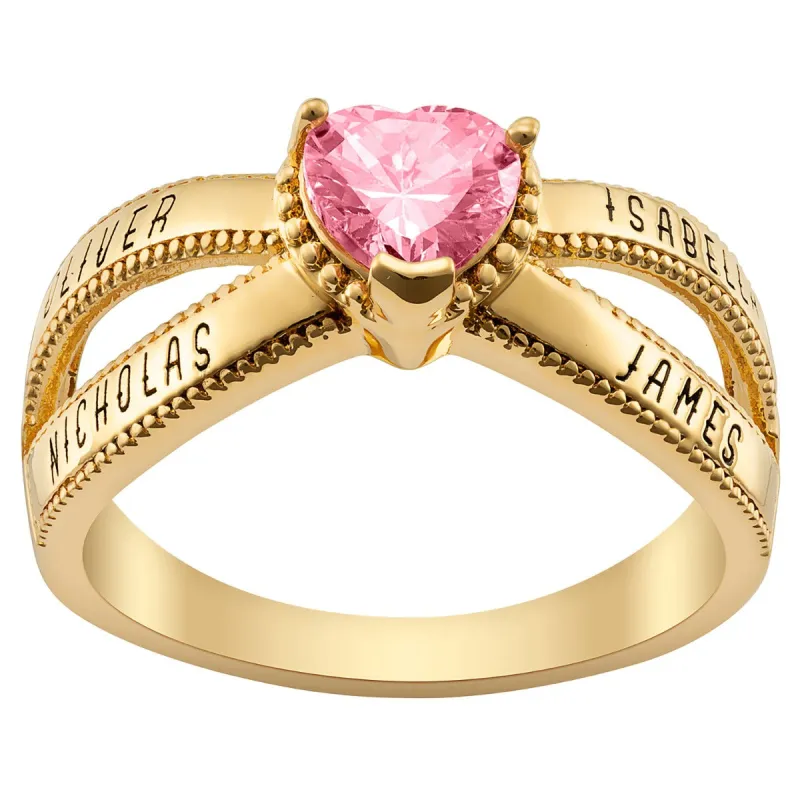 14K Gold Plated Mother's Heart Birthstone Family Name Ring sold by Limoges Jewelry