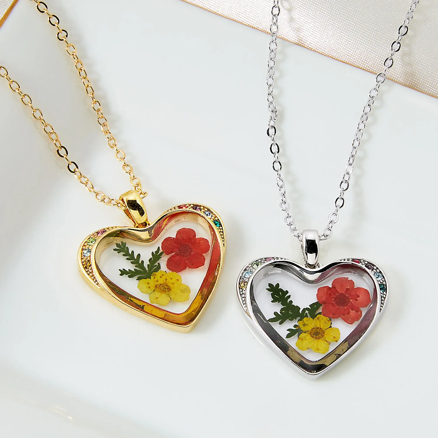 Family Birthstone and Dried Flower Heart Pendant Necklace sold by Limoges Jewelry