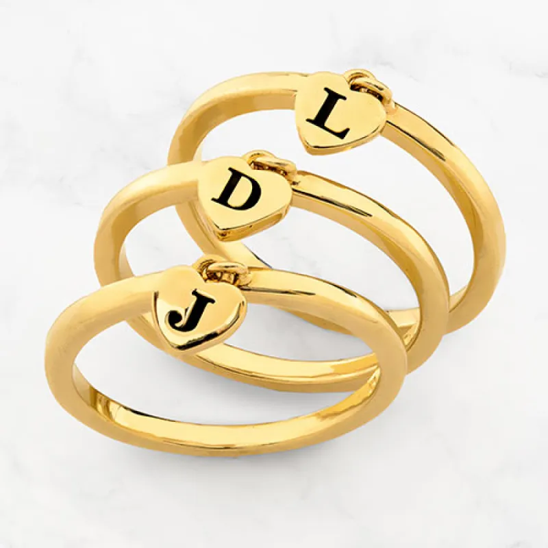 14K Gold Plated Stackable Initial Heart Charm Ring - Set of 3 sold by Limoges Jewelry