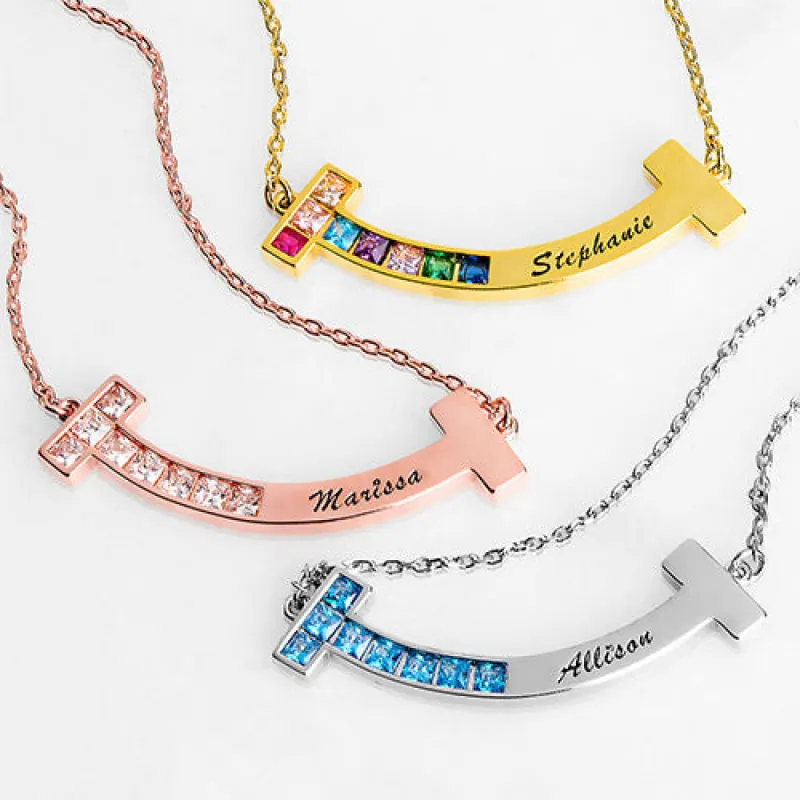 Sterling Silver Personalized Birthstone and Engraved Curved Bar Necklace sold by Limoges Jewelry