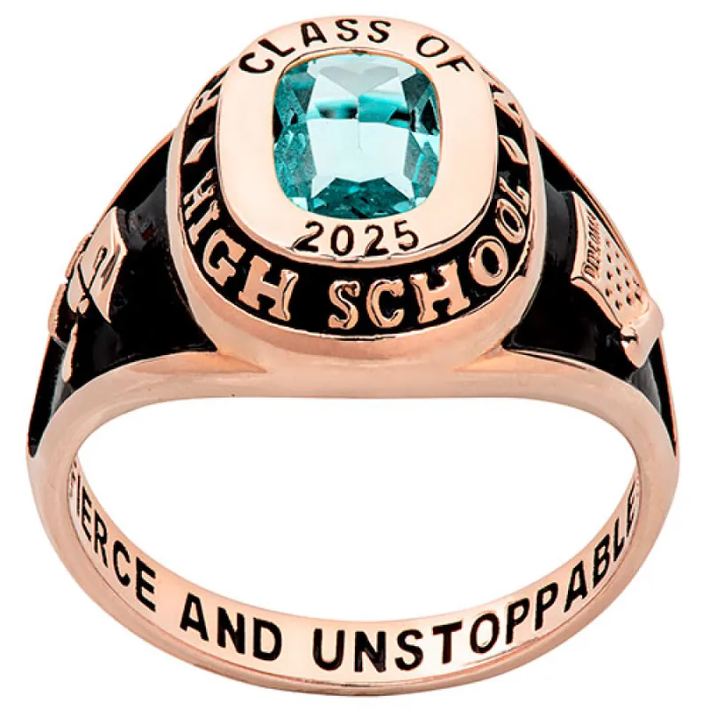 Ladies' 14K Rose Gold Plated Traditional Cushion Birthstone Class Ring sold by Limoges Jewelry