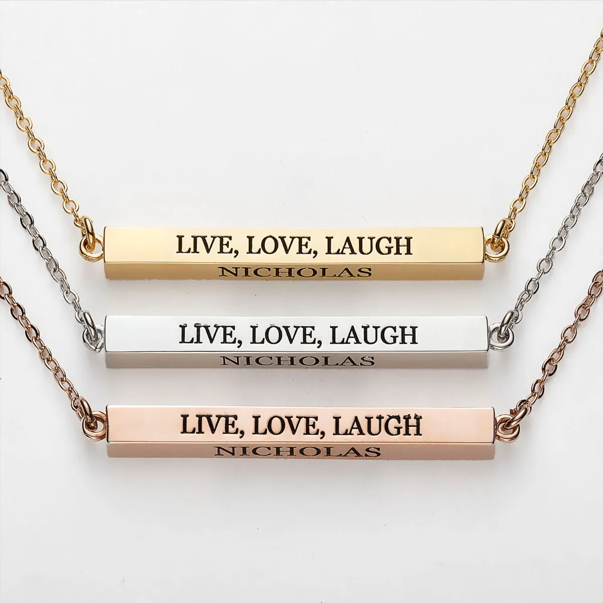 Horizontal 4-sided Bar 'Live, Love, Laugh' Engraved Necklace sold by Limoges Jewelry