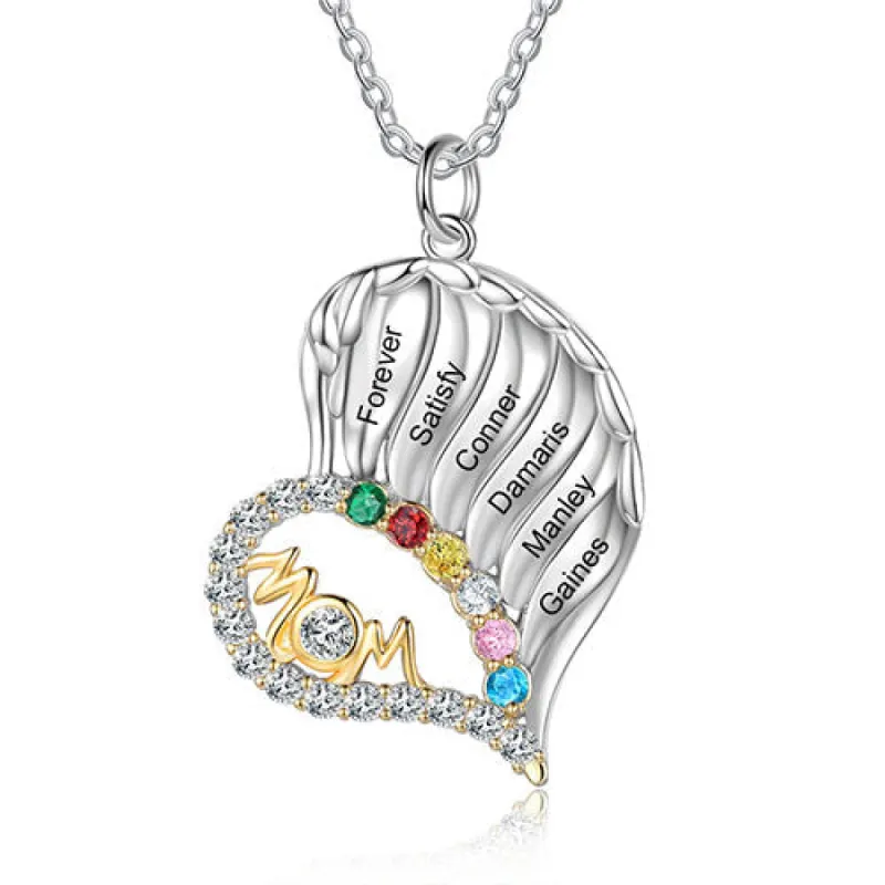 Sterling Silver Two-tone Engraved Name and Birthstone Mom Heart with CZ Necklace sold by Limoges Jewelry