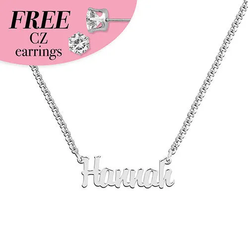 Sterling Silver Script Name Plaque with Free CZ Earrings sold by Limoges Jewelry