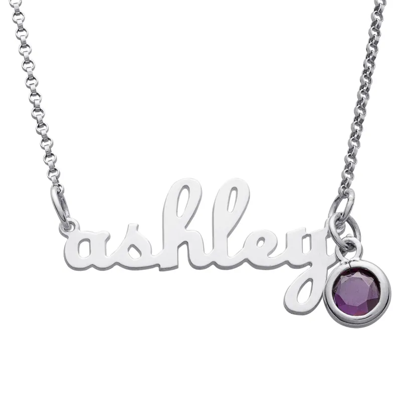 Sterling Silver Script Lowercase Name Necklace with Birthstone charm sold by Limoges Jewelry