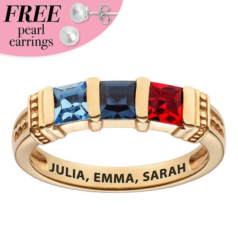 Personalized 14K Gold Plated Square Birthstone Ring - 3 Stones sold by Limoges Jewelry