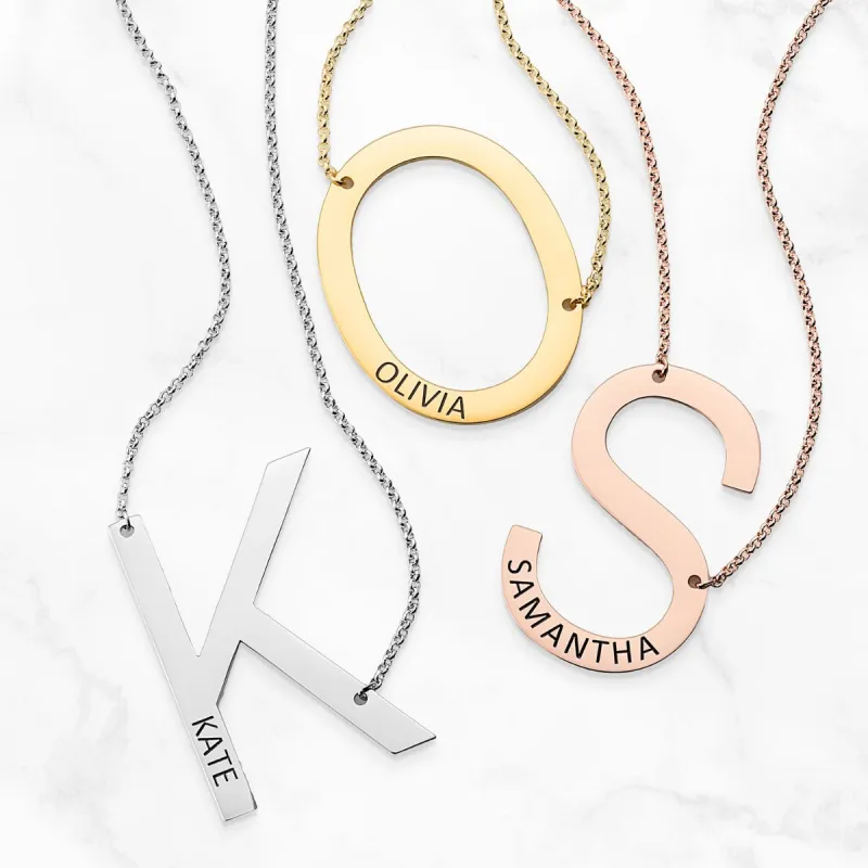 Oversized Initial with Engraved Name Station Necklace sold by Limoges Jewelry