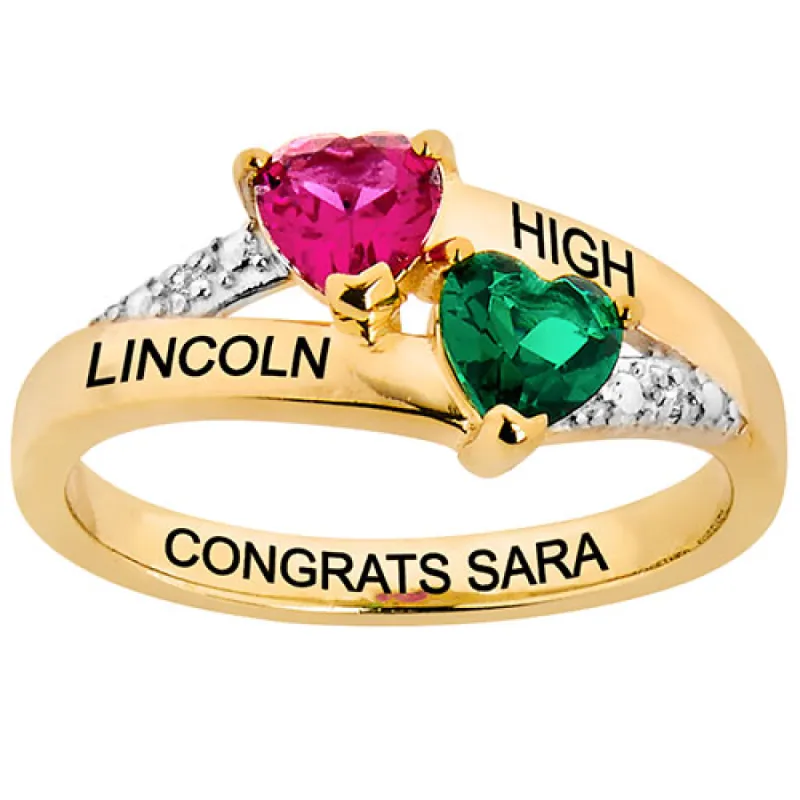 14K Gold over Sterling Double Birthstone Heart Diamond Accent Class Ring sold by Limoges Jewelry