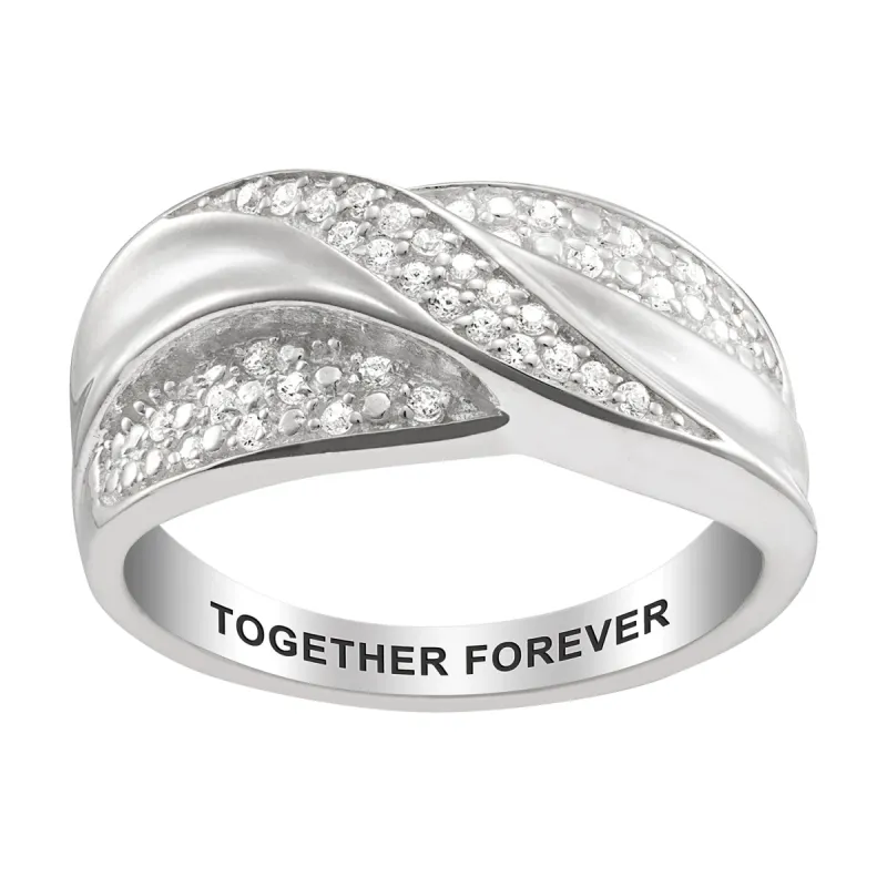 Sterling Silver Engraved Crossover CZ Ring sold by Limoges Jewelry