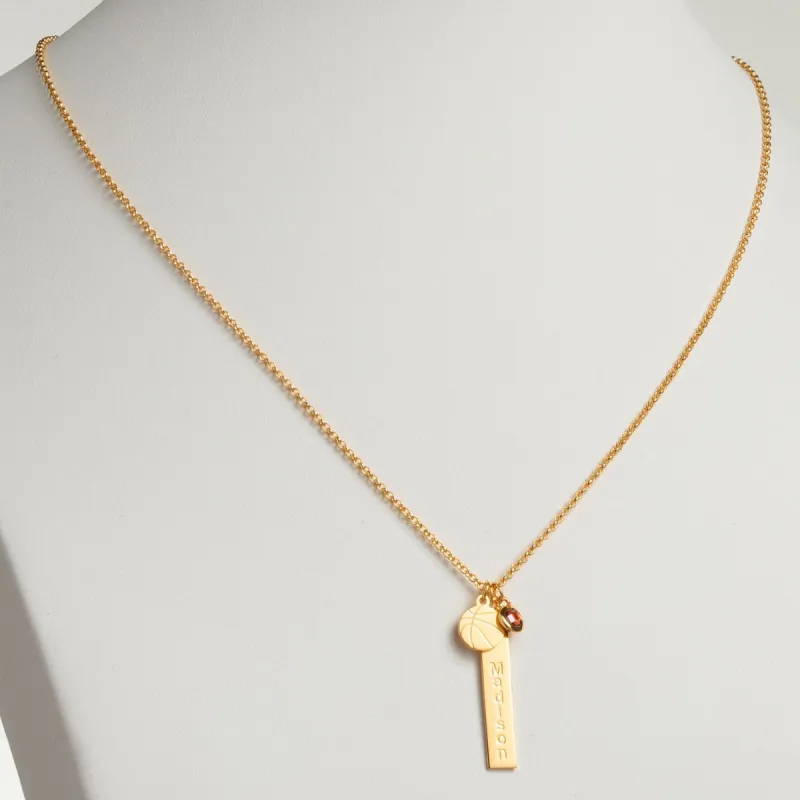 14K Gold Plated Name Necklace with Basketball Charm and Birthstone Dangle sold by Limoges Jewelry