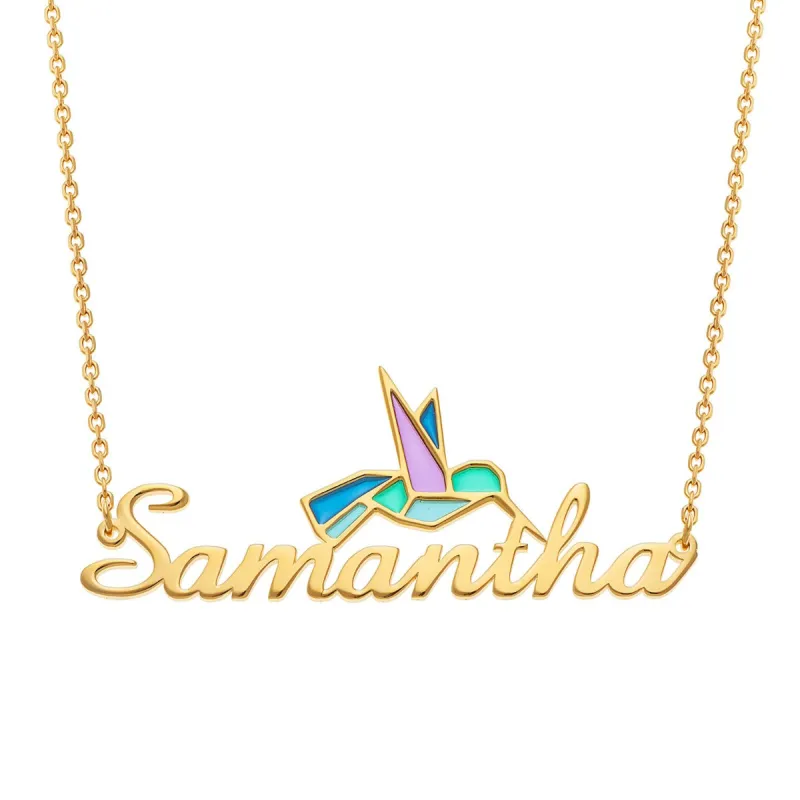 14K Gold Plated Script Name with Enamel Hummingbird Necklace sold by Limoges Jewelry