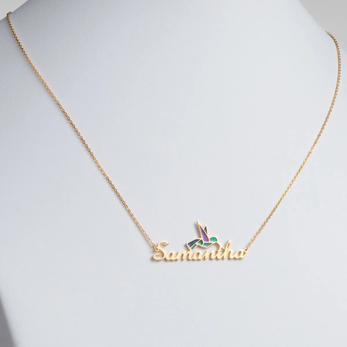 14K Gold Plated Script Name with Enamel Hummingbird Necklace sold by Limoges Jewelry product image thumbnail 2