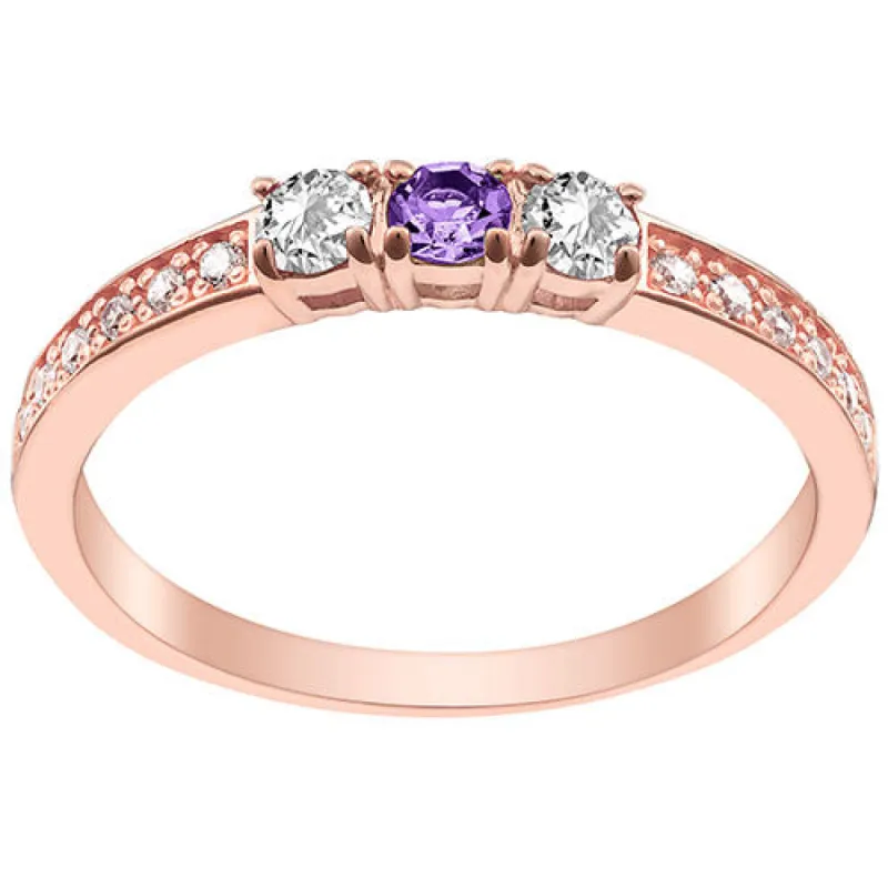 14K Rose Gold Plated Simulated Amethyst and Clear Crystal 3-Stone Ring sold by Limoges Jewelry