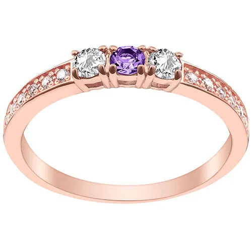 14K Rose Gold Plated Simulated Amethyst and Clear Crystal 3-Stone Ring sold by Limoges Jewelry