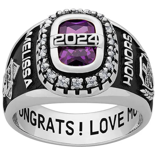 Ladies Platinum Plated CELEBRIUM CZ Personalized Class Ring sold by Limoges Jewelry