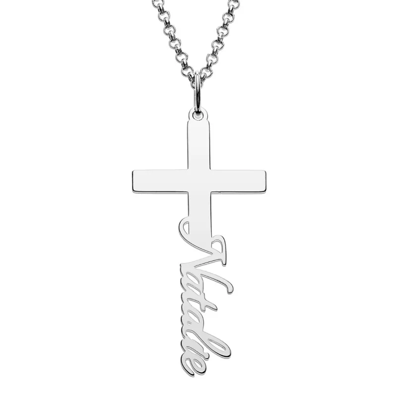 Silver Plated Script Name Cross Necklace sold by Limoges Jewelry
