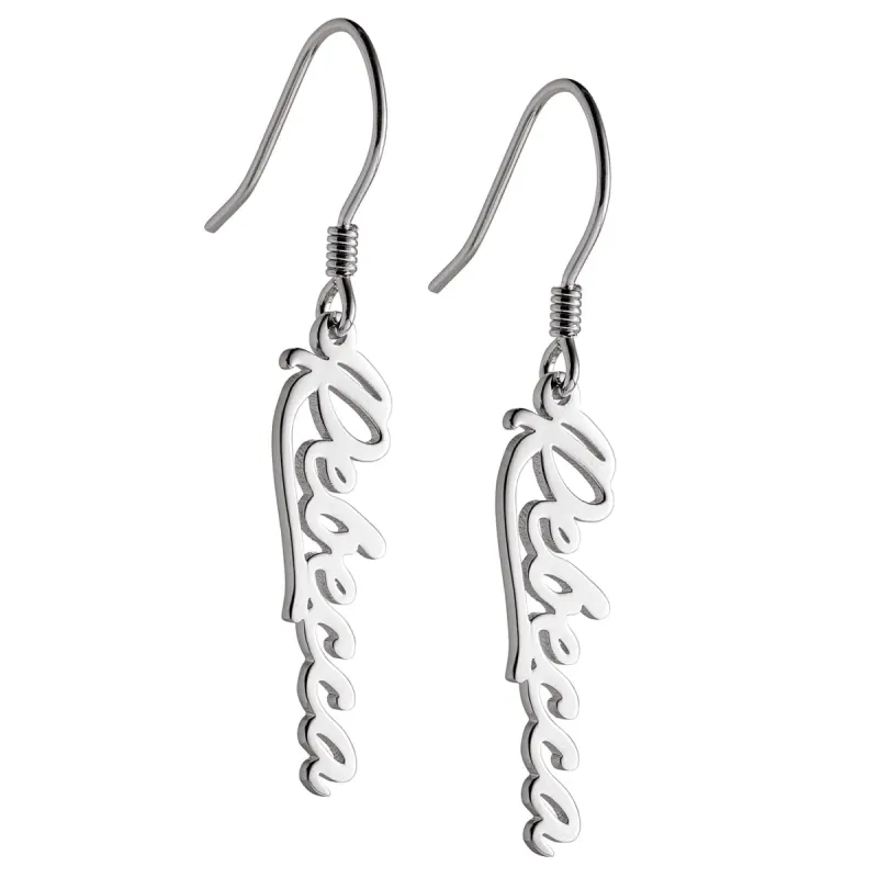 10K White Gold Script Name Dangle Earrings sold by Limoges Jewelry