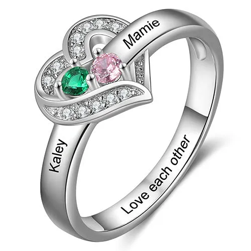 Silver Plated CZ Heart Engraved 2 Birthstones Ring sold by Limoges Jewelry