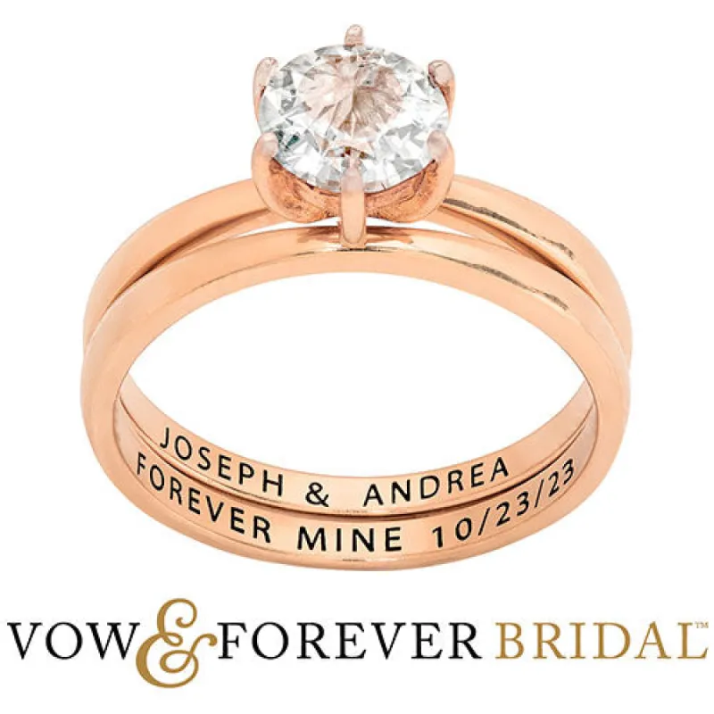 14K Rose Gold over Sterling  Round White Topaz 2-Piece Engraved Wedding Ring Set sold by Limoges Jewelry
