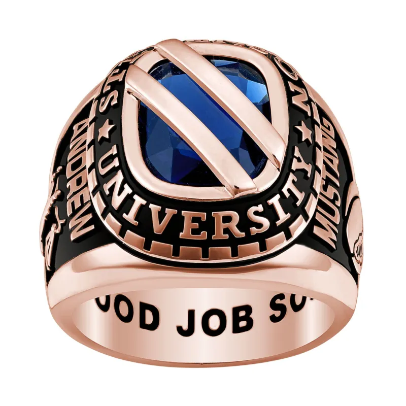 Men's 14K Rose Gold over Sterling Birthstone with Diagonal Bridge Class Ring sold by Limoges Jewelry