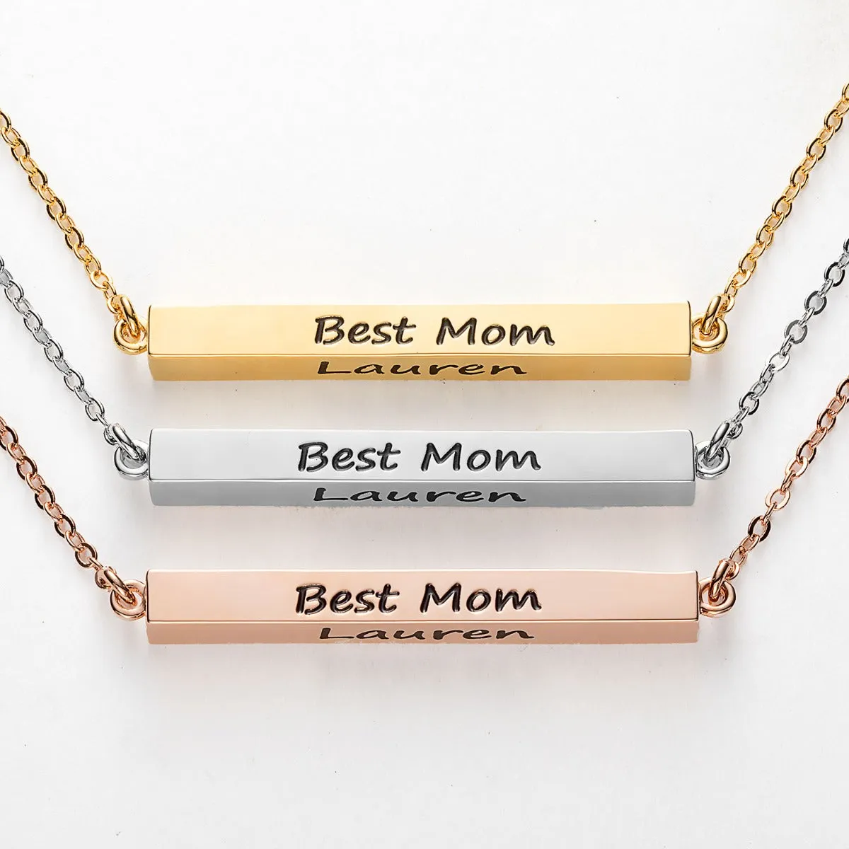 Horizontal 4-sided Bar 'Best Mom' Engraved Family Name Necklace sold by Limoges Jewelry