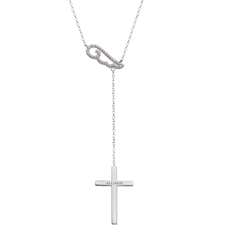 Sterling Silver Personalized CZ Angel Wing and Cross Y-Necklace sold by Limoges Jewelry