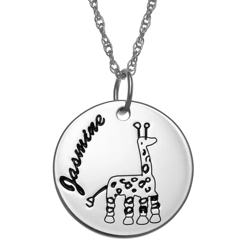 Sterling Silver Personlized Name Disc with Girafee Necklace sold by Limoges Jewelry