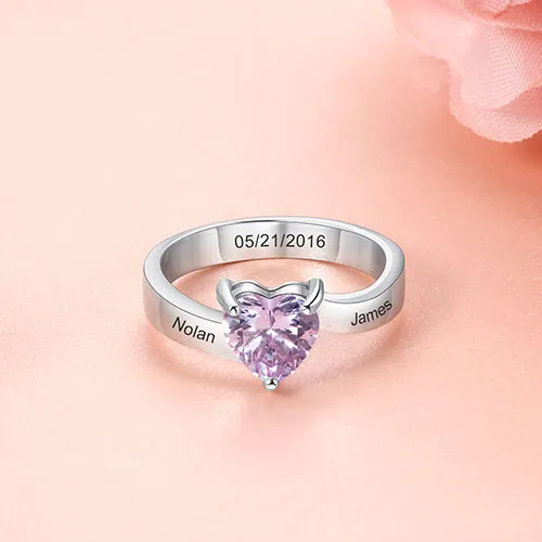 Sterling Silver Engraved Heart Birthstone Ring sold by Limoges Jewelry product image thumbnail 2