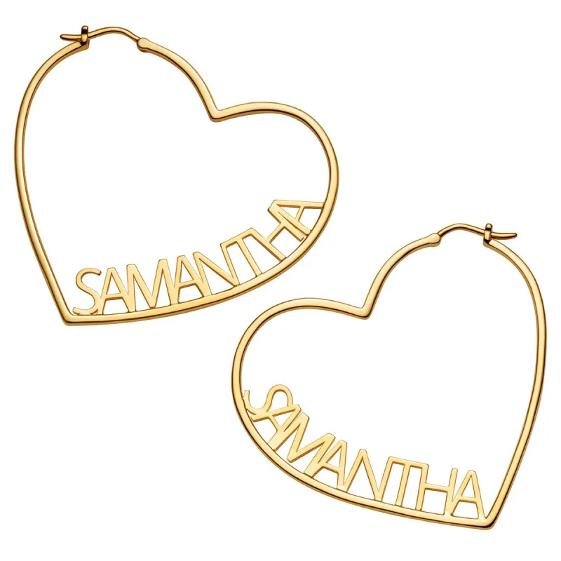 14K Gold Plated Personalized Nameplate Medium Heart Hoop Earrings sold by Limoges Jewelry