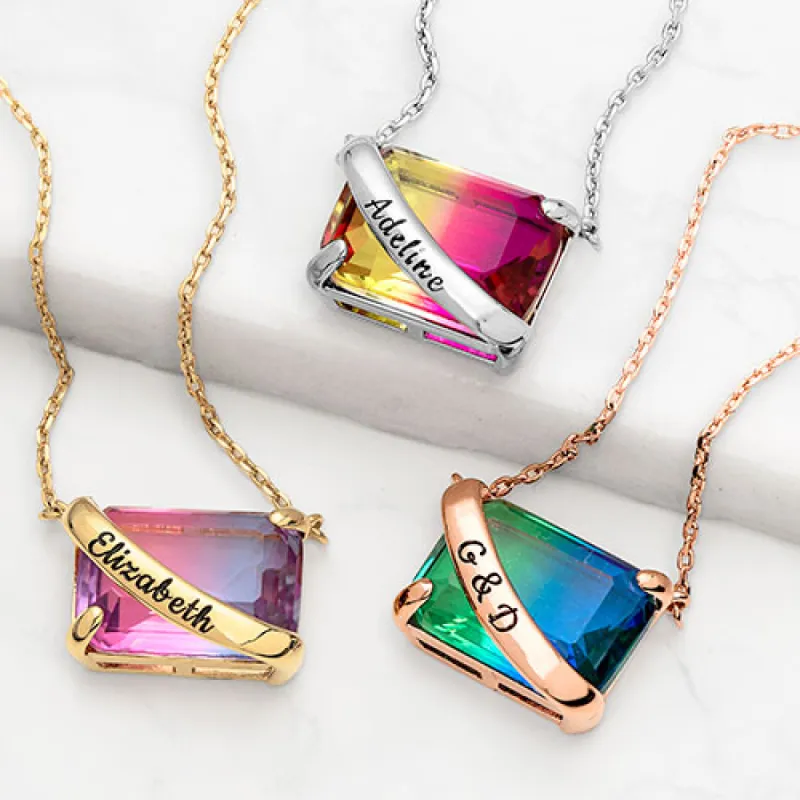 Personalized Iridescent Crystal Emerald Cut Necklace, East-West sold by Limoges Jewelry