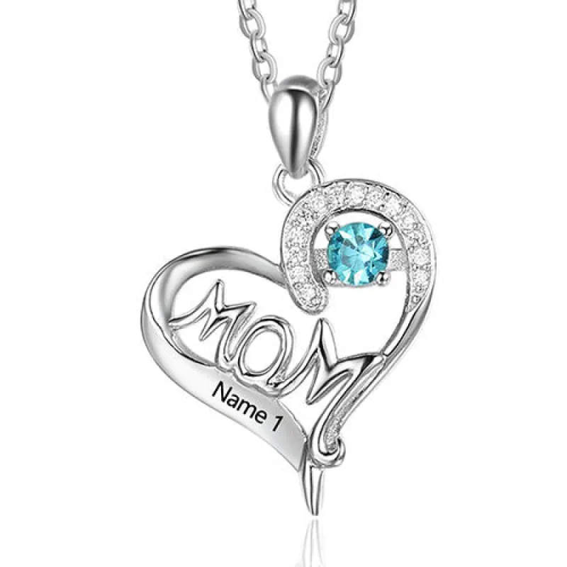 Sterling Silver Engraved Birthstone MOM CZ Accent Heart Necklace sold by Limoges Jewelry