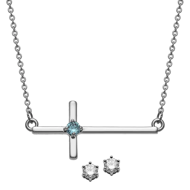 Cross Birthstone Necklace with Bonus CZ Earrings sold by Limoges Jewelry