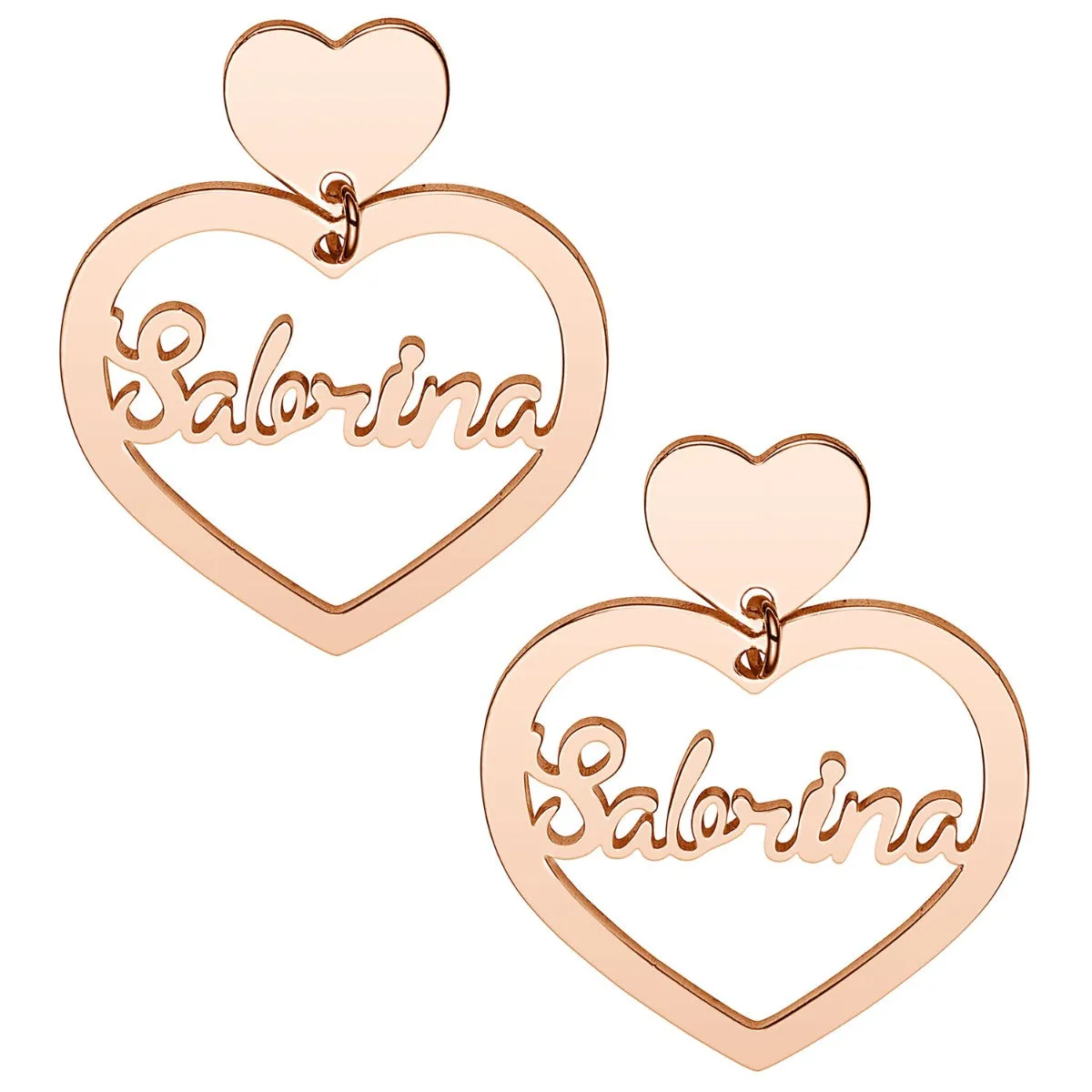 14K Rose Gold Plated Script Name Double Heart Dangle Earrings sold by Limoges Jewelry
